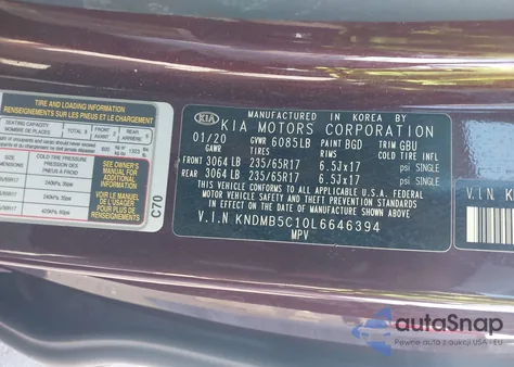 2020 Kia Sedona Lx z USA, uszkodzony, nr VIN KNDMB5C10L6646394